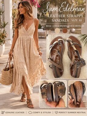 Sam Edelman Leather Strappy Sandals Size 10 Neutral Beige Coco Brown Zip Flat